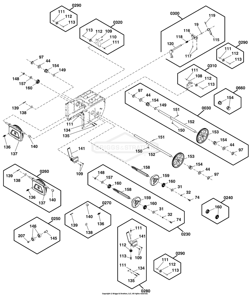 Transaxle Drive Group Diagram and Parts List for 1696616-04 2017 Briggs and Stratton Snow Blower